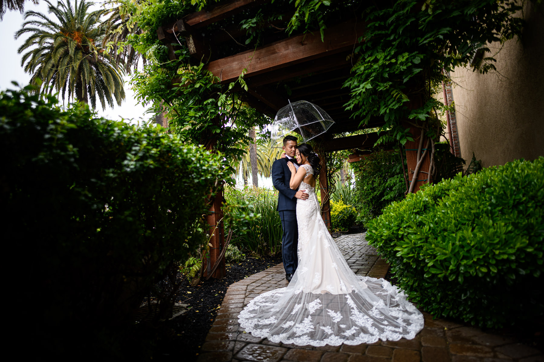bride and groom portrait at palm event center wedding