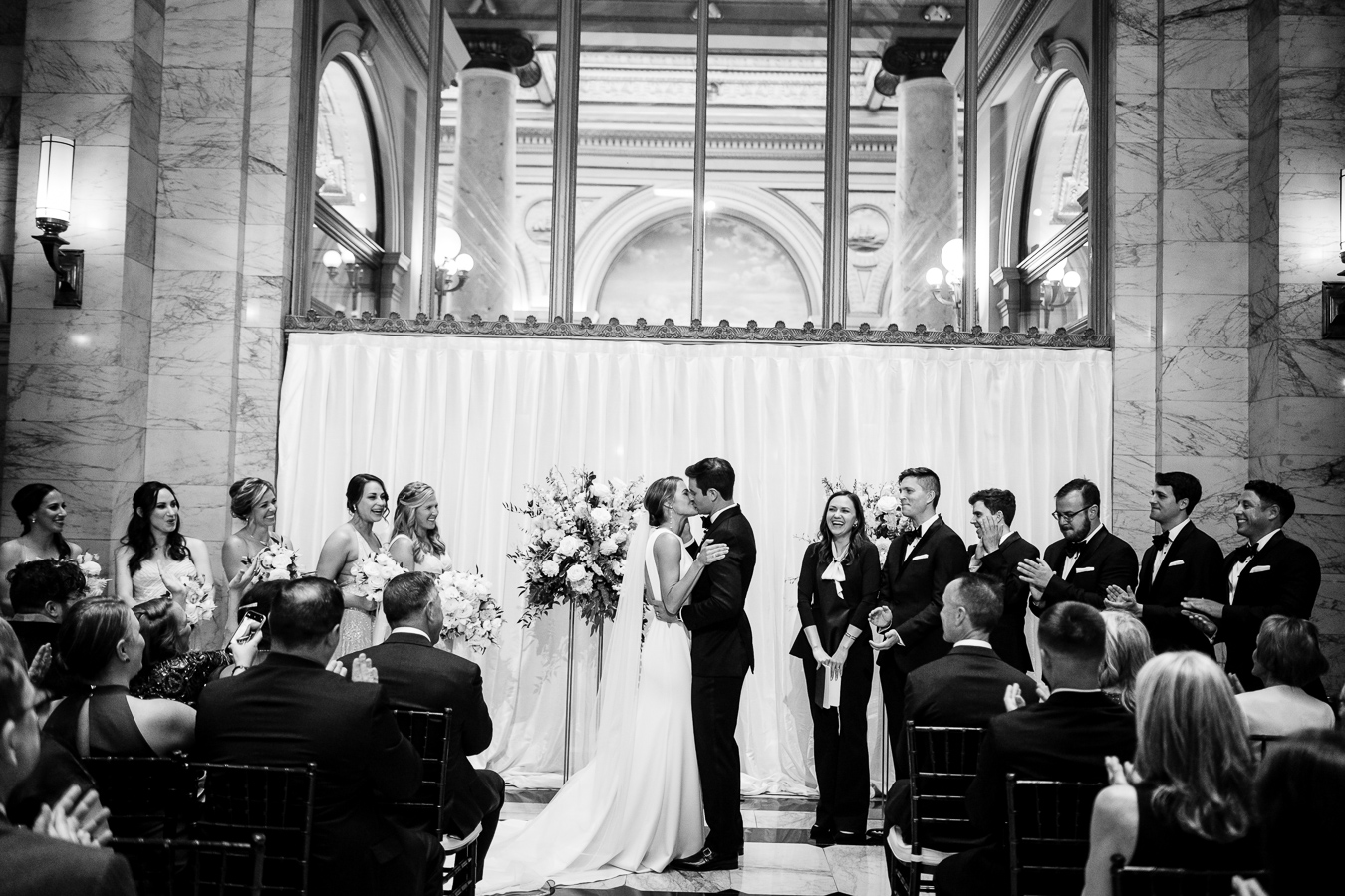 Wedding ceremony at Merchants Exchange Building lobby — Corinna and Matthew Julia Morgan Ballroom wedding