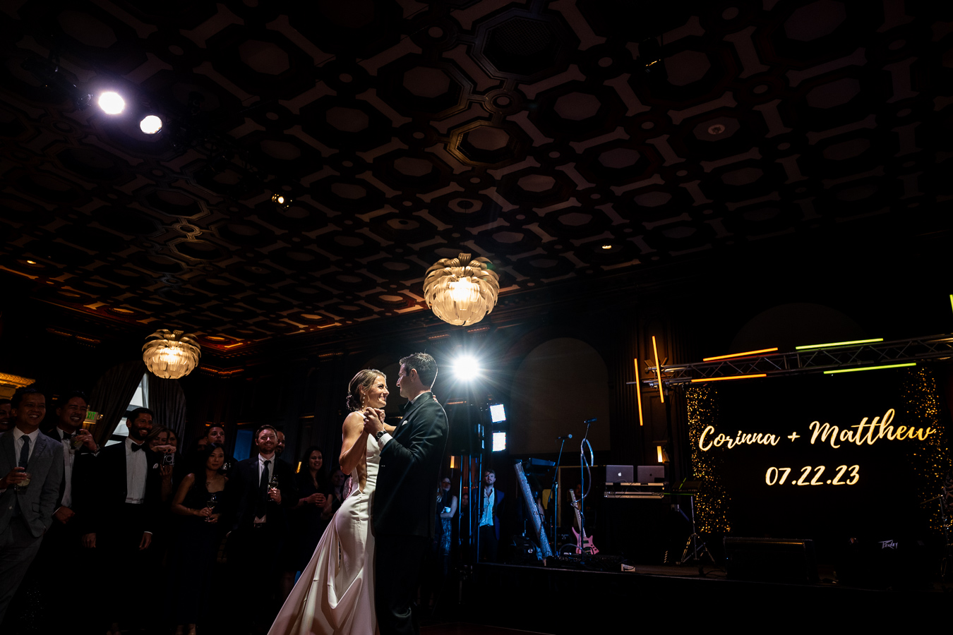 Elegant reception at Julia Morgan Ballroom with coffered ceiling and chandeliers — Corinna and Matthew wedding