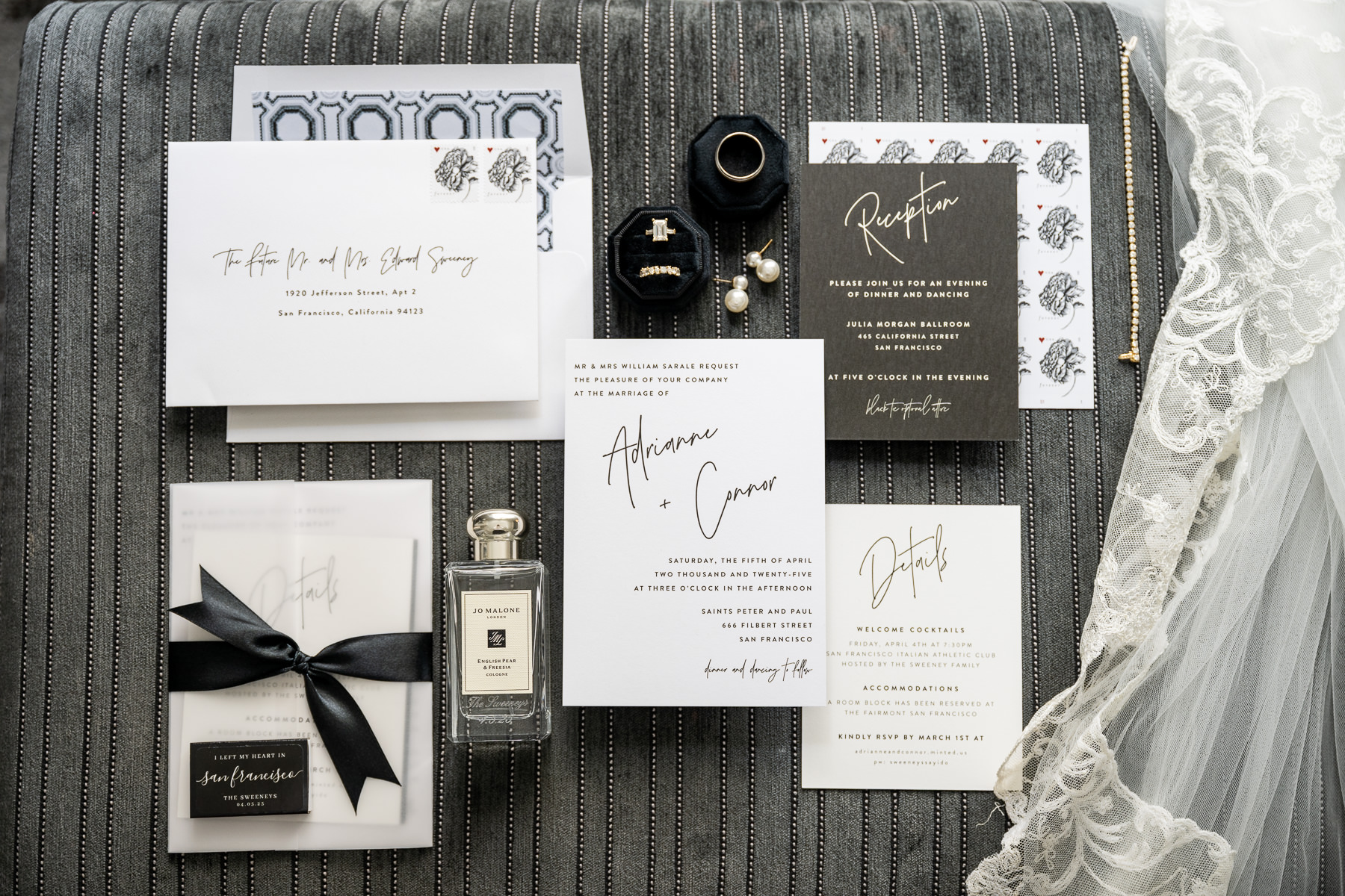 Adrianne and Connor's elegant wedding invitation suite and details flatlay — Julia Morgan Ballroom wedding, San Francisco