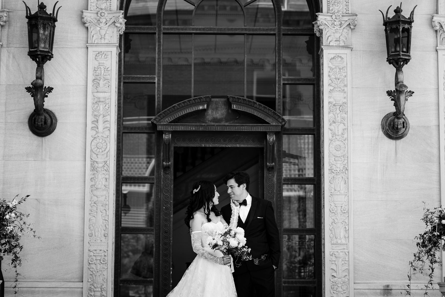 First look — bride and groom facing each other and holding hands on Flood Mansion steps, Pacific Heights San Francisco