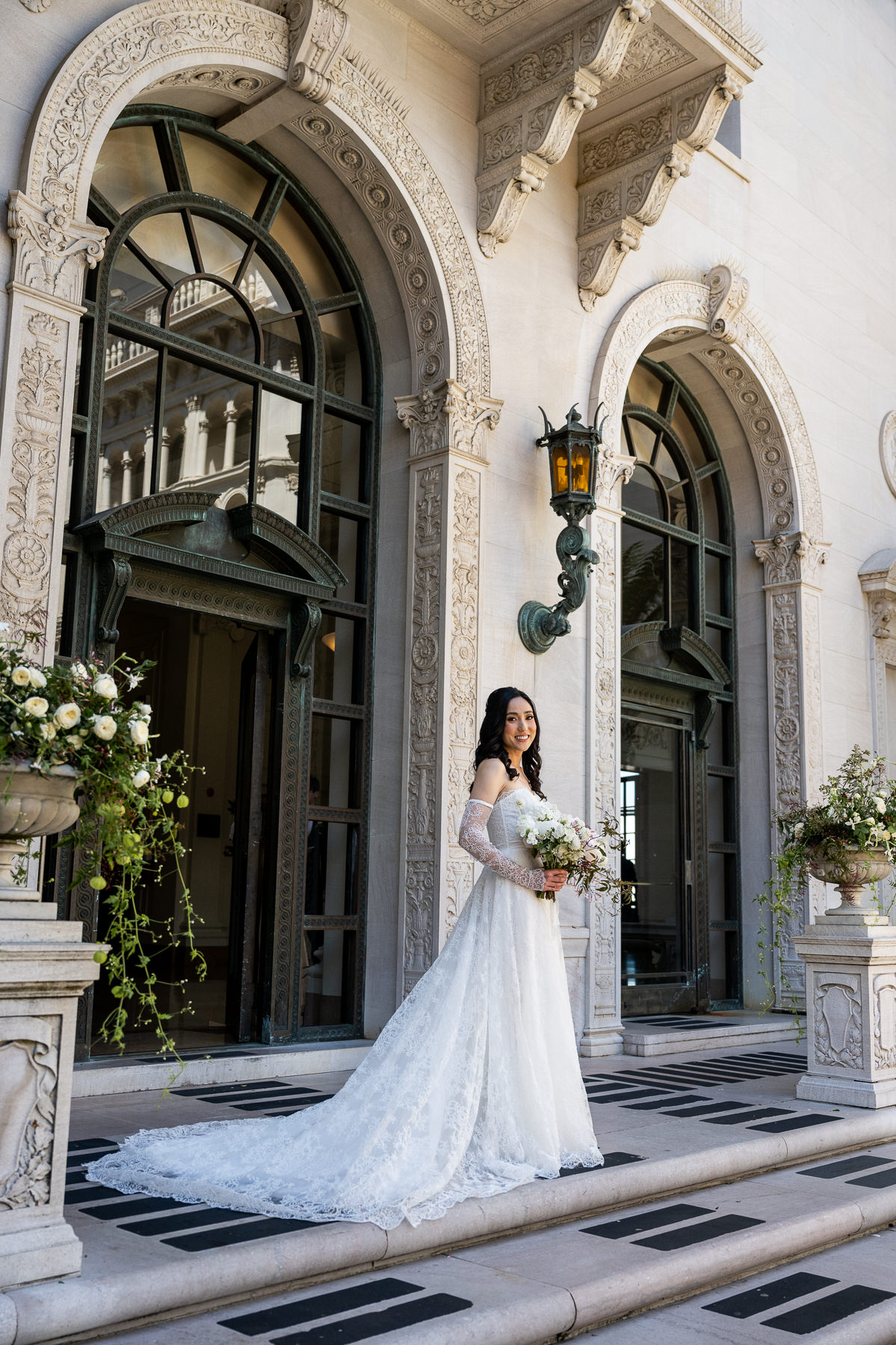 Bride solo portrait at Flood Mansion grand entrance alongside wedding party group portrait on exterior steps