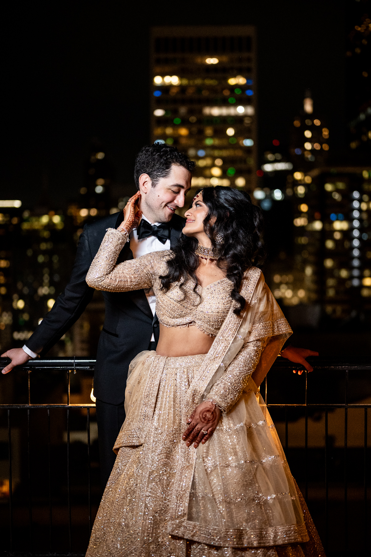 Indian fusion wedding night portrait - San Francisco rooftop couple photography