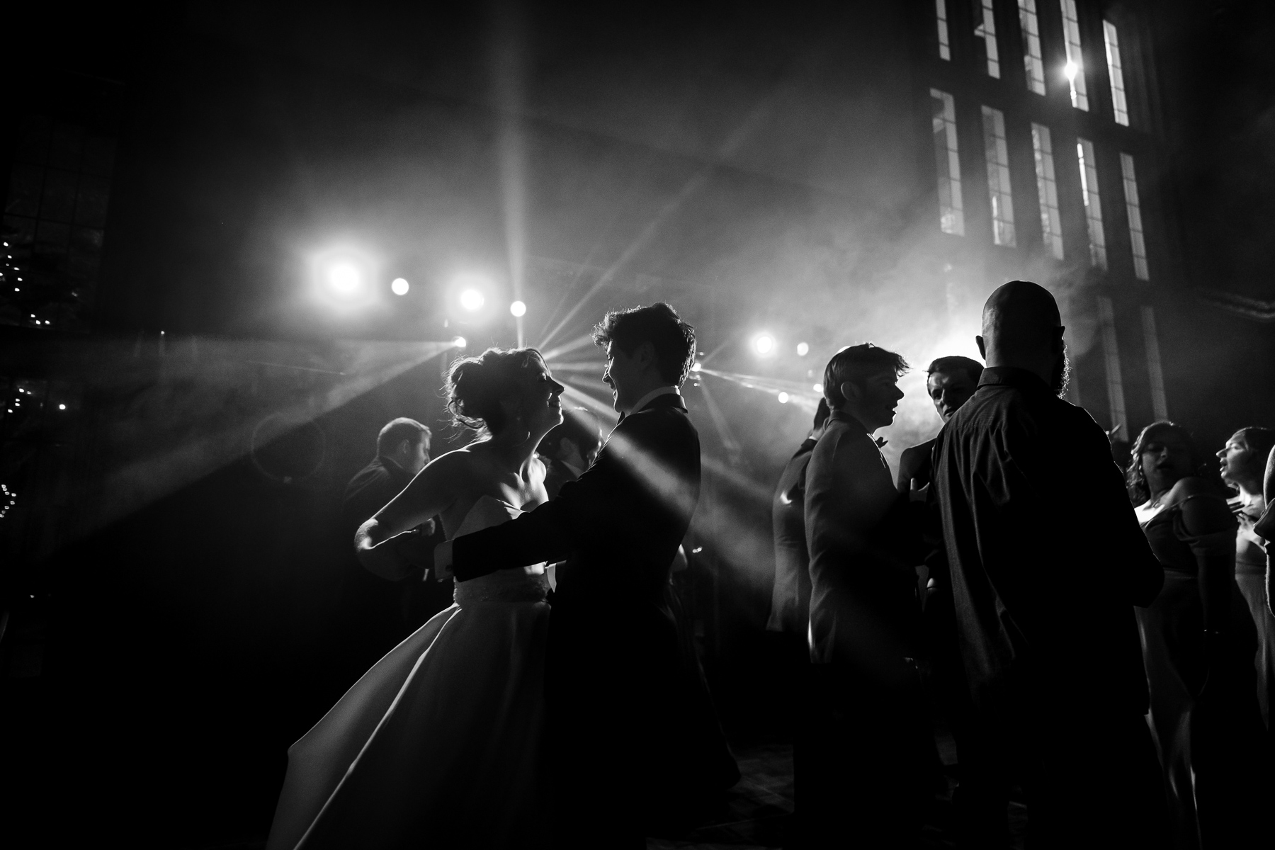 Wedding dance floor light rays black and white - San Francisco wedding photographer
